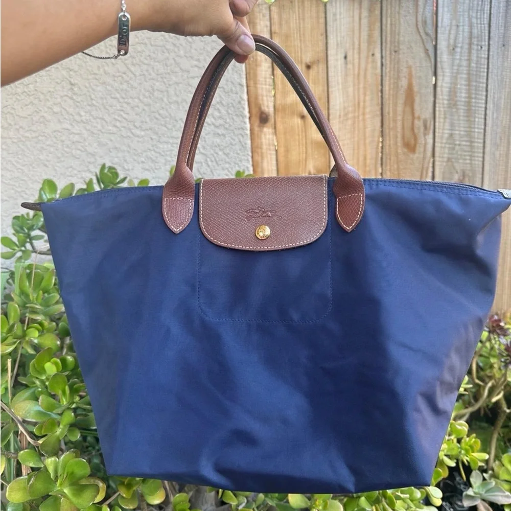 Longchamp Navy Tote with Brown Leather Trim